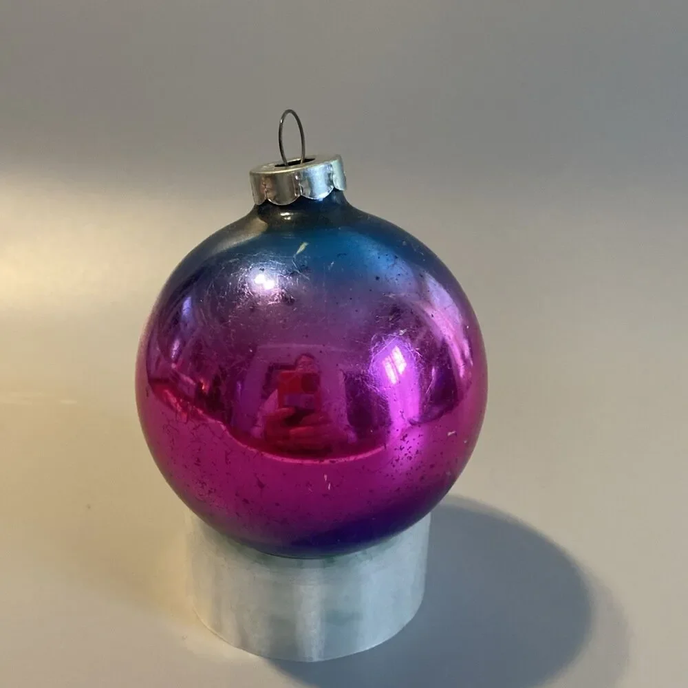 Vintage Christmas Ombre Glass Ornament Hand Made In USA Blue Pink Fade Ball